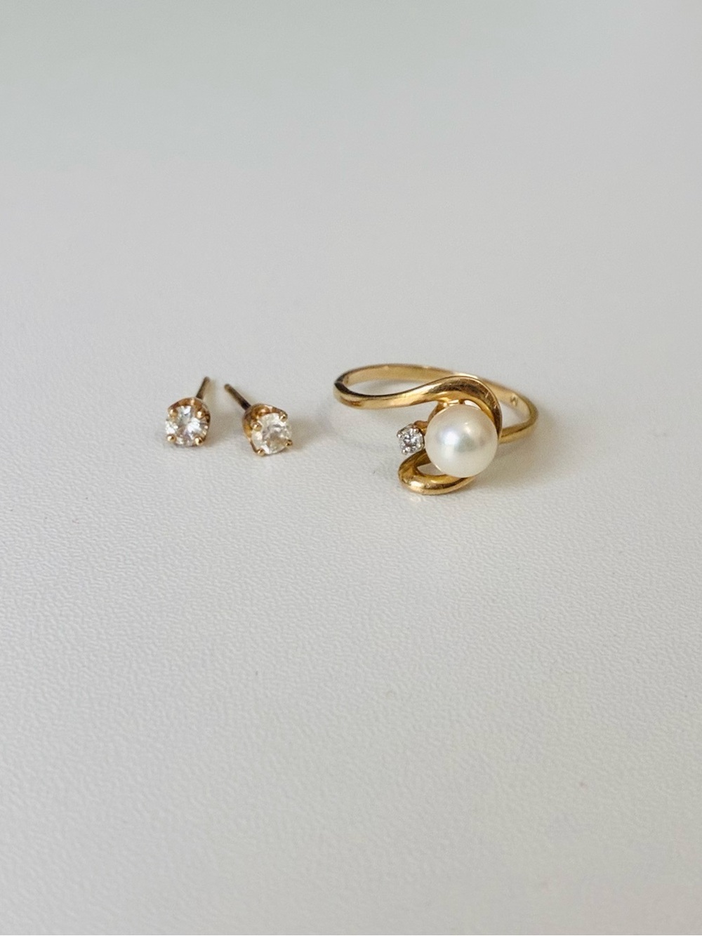 14K Plumb Gold Diamond Pearl Ring And 14K Gold Diamond Earrings, Vintage